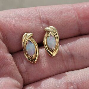 18K Yellow Gold Marquise Cut Opal Earrings 15x7mm 3.3 Grams